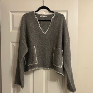 Zara Gray V-Neck Sweater with White Trim
